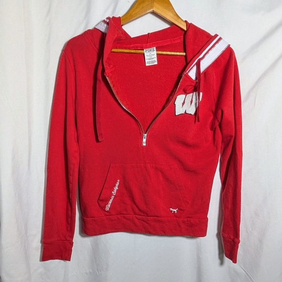 PINK Victoria's Secret Tops - Pink Victoria's Secret Red‎ WI 1/2 Zip Hoodie, Embellished W, Striped Hood, Sz S